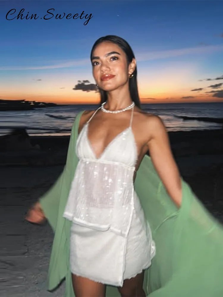 Sexy Halter Sequined Lace Up Skirt Set Women Solid V-neck Sleeveless Backless Tops A-line Mini Skirts 2025 Summer Lady Chic Suit