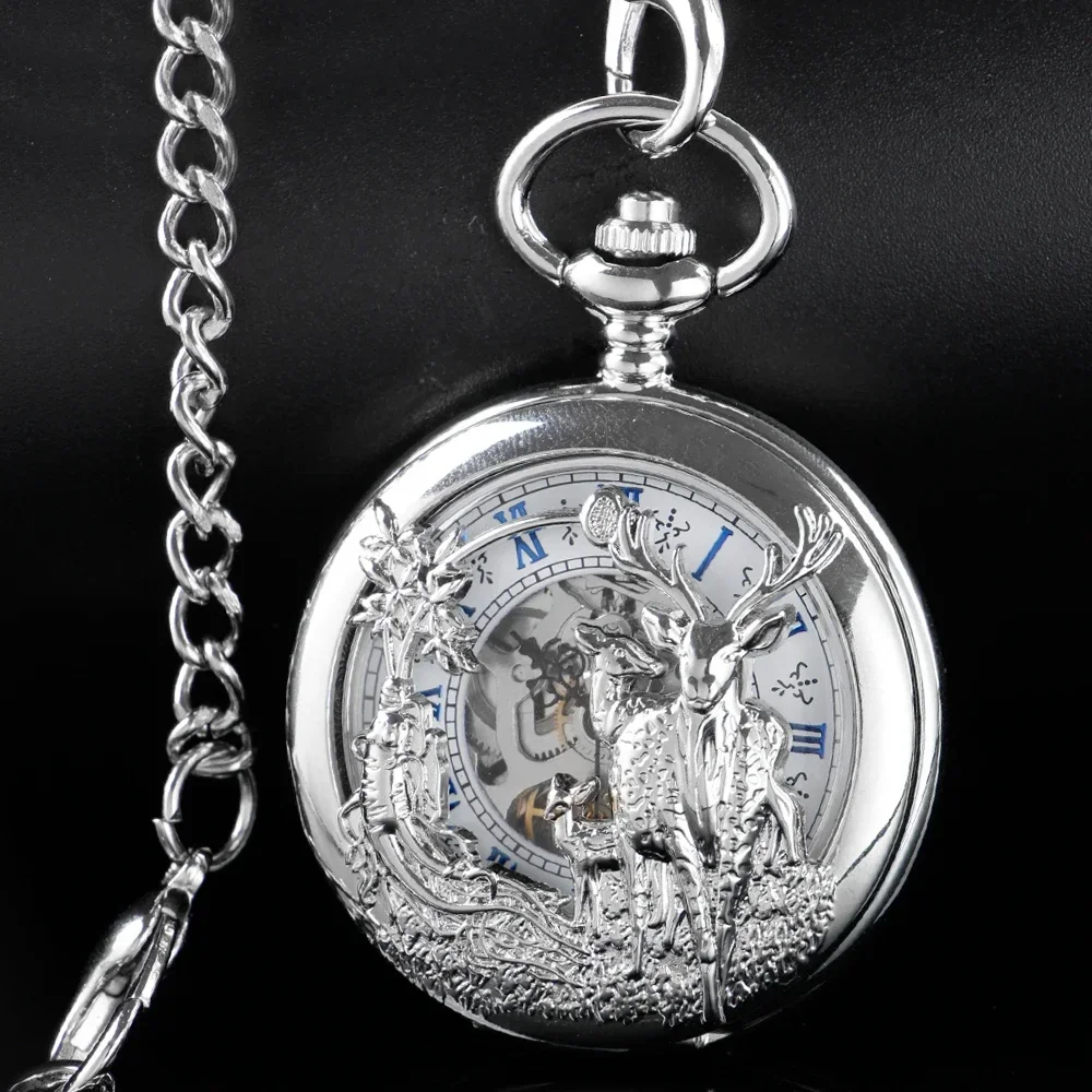 NEW Mechanical Pocket Watch Engrave Pendant Fob Chain Reloj for Men Antique Sliver Montre De Poche