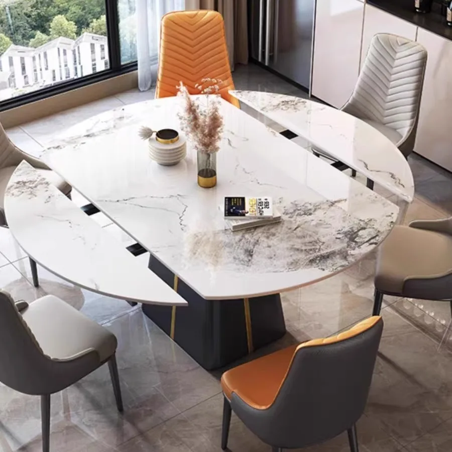 Intelligent Convertible And Extendable Folding Dining Table Set, Burnt Stone Countertop, Golden Base, Modern Light Luxury Hall F