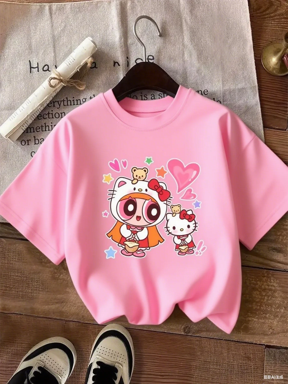 Cotton T Shirt with Hello Kitty Powerpuff Girls Graphic Adorable Kitty and Powerpuff Crossover Pattern Sweet Design Pure Cotton
