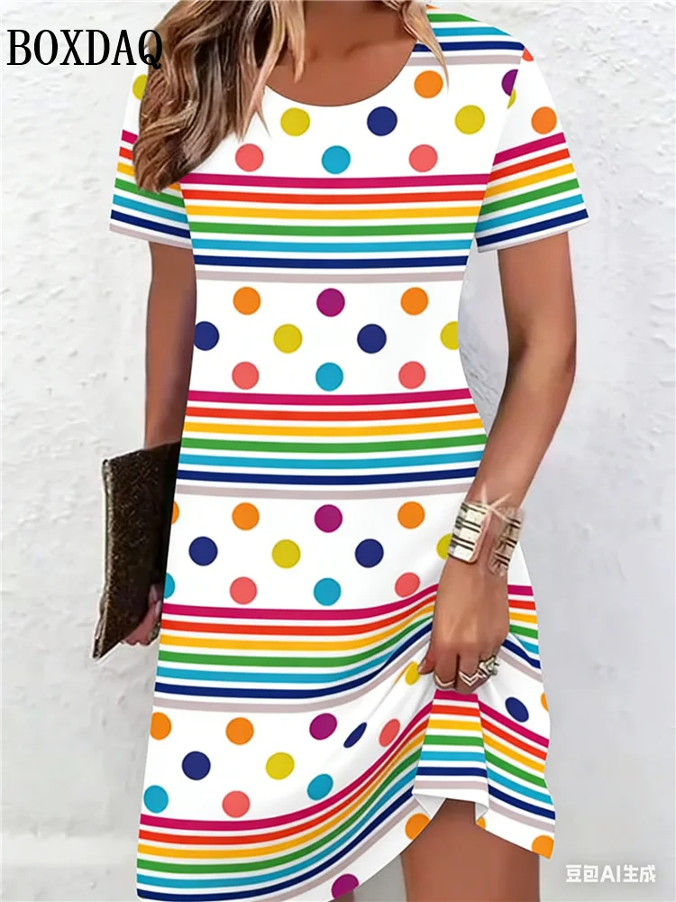 

Женское летнее платье 2026 года с коротким рукавом, круглым вырезом, повседневное, свободного кроя, А-силуэт, модное, с 3D-принтом в горошек и полоску, элегантное