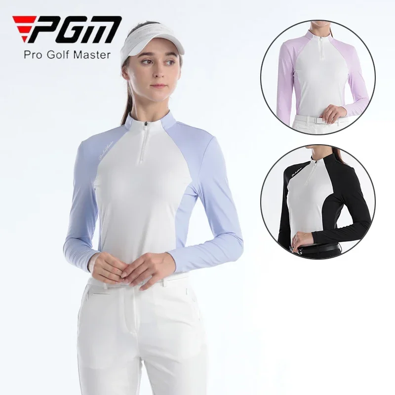 PGM Spring Women Zipper Collar Golf Shirt Ladies Long Sleeve Slim Casual Tops Women Slim High Elastic Sport T-shirt S-XL