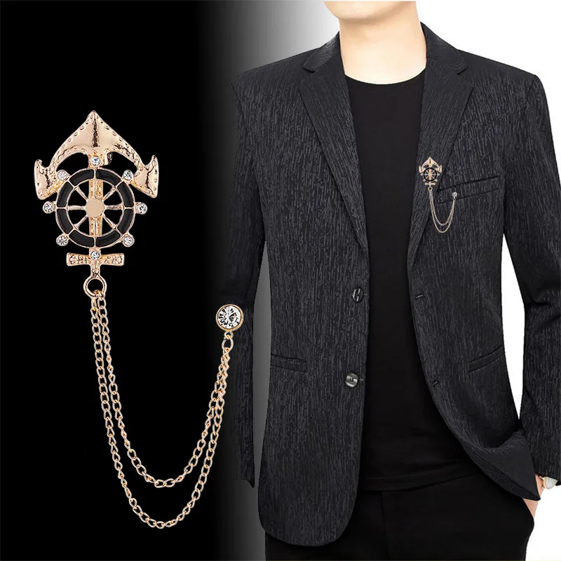 Korean Fashion Rhinestone Anchor Brooch Crystal Rudder Tassel Chain Lapel Pins Men's Badge Corsage Jewelry Accessoriesi-Remiel