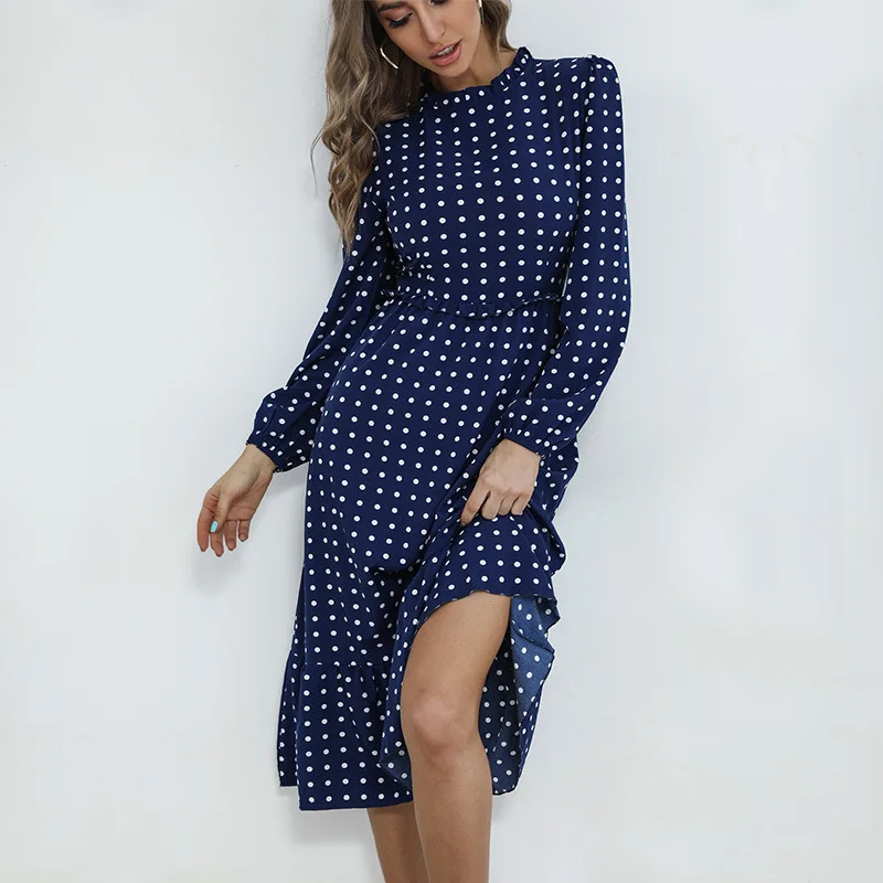   Herbst Commuter Sle Long Sve Polka Dot Dr Vintage A-Linie Rock Polyester Stoff Druck Reiten Reißverschluss