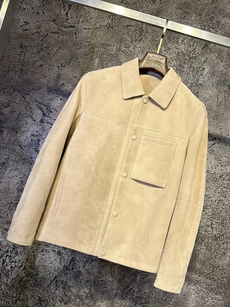 Fashion Business Casual Mens Genuine Leather Jacket Lapel Single Breasted Real Sheep Suede Outerwear Office Men Designer Coat