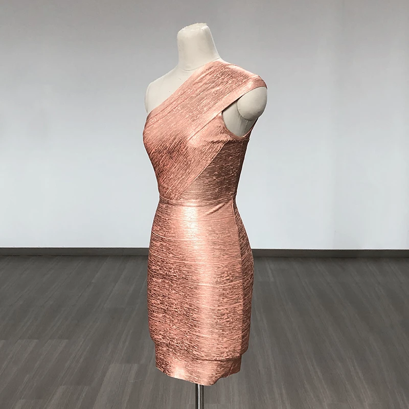 New Pink Foil Color Women Sexy One Shoulder Bodycon Mini Bandage Dress Celebrate Fashion Birthday Party Cocktail Dress