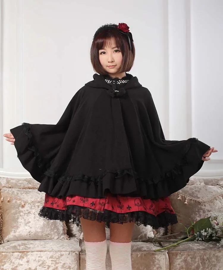 Japanese Style Black Fleece Lolita Capes Ponchos Women\'s Autumn Winter Sweet Lace Stitching Hooded Princess Cape Overcoat Coat