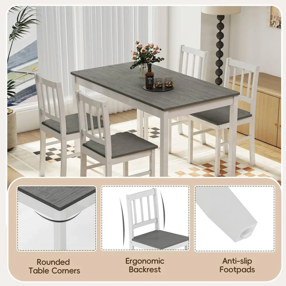 طقم طعام من الخشب الصلب بأربعة مقاعد، طاولة مطبخ مدمجة مع كراسي، مثالية للمساحات الصغيرة، رمادي وأبيض #4