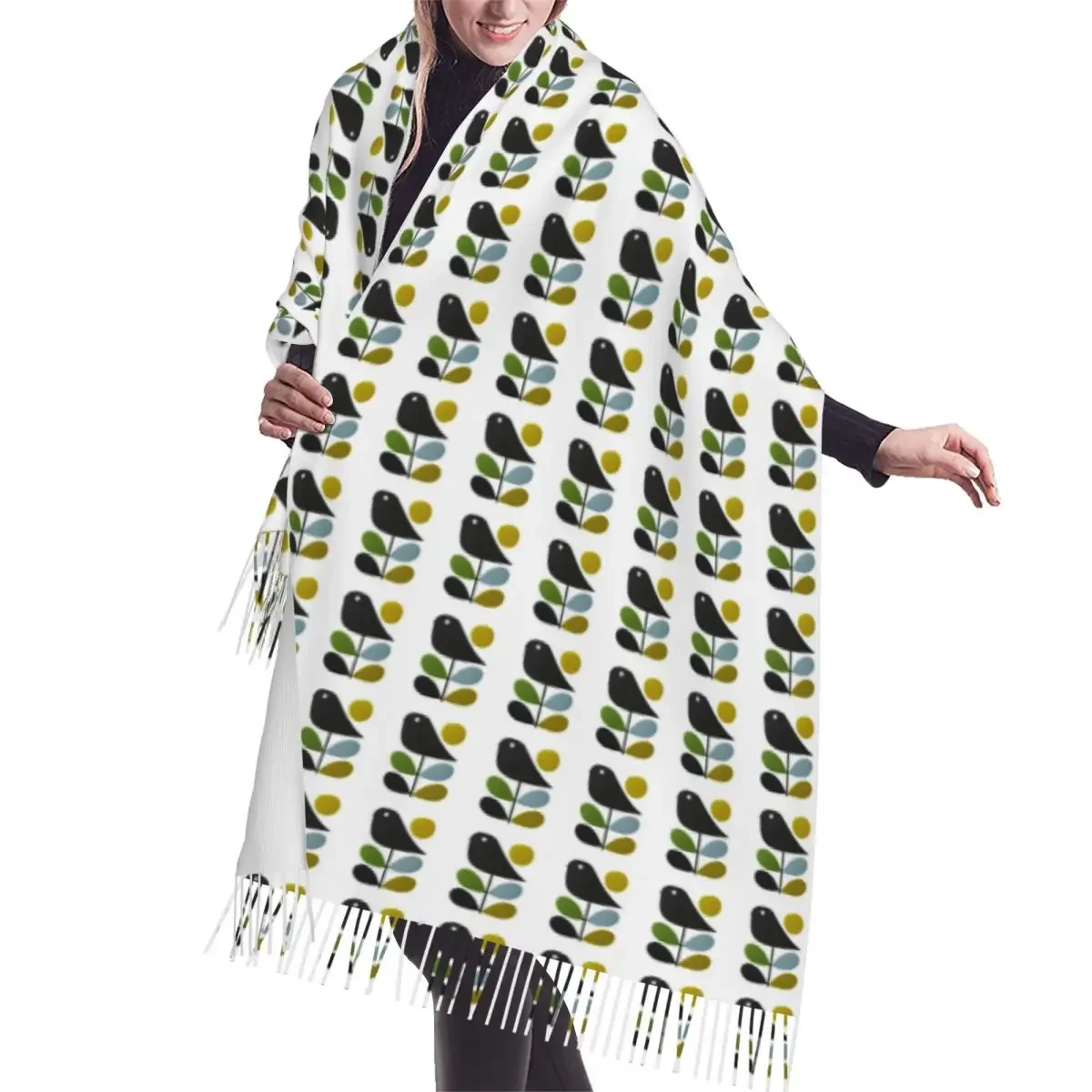 Ladies Large Abstract Orla Kiely Bird Versatile Scarves Women Winter Thick Warm Tassel Shawl Wrap Mid Century Scandinavian Scarf