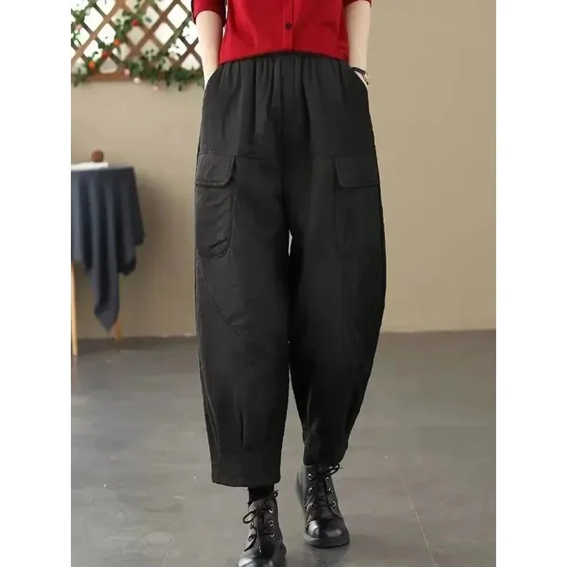 Korean Style Vintage Double Pocket Loose Female Women Casual Harem Pants New Arrival 2024 Autumn Winter Ankle-length Pants B3140