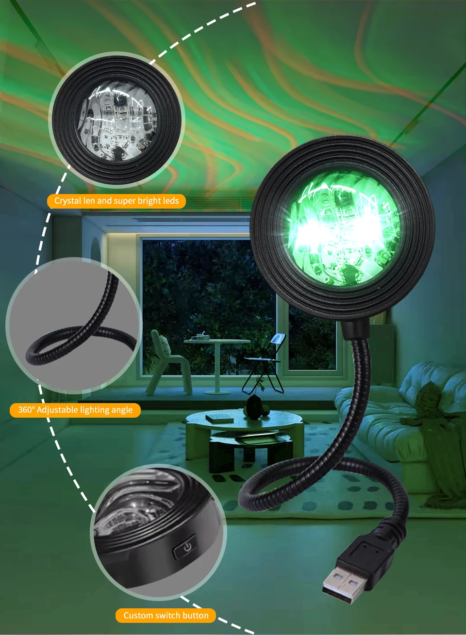 USB Plug-in Water Ripple Shaped Aurora Projection Light Touch/remote Control Color Changing Lighting Atmosphere Decoration Light