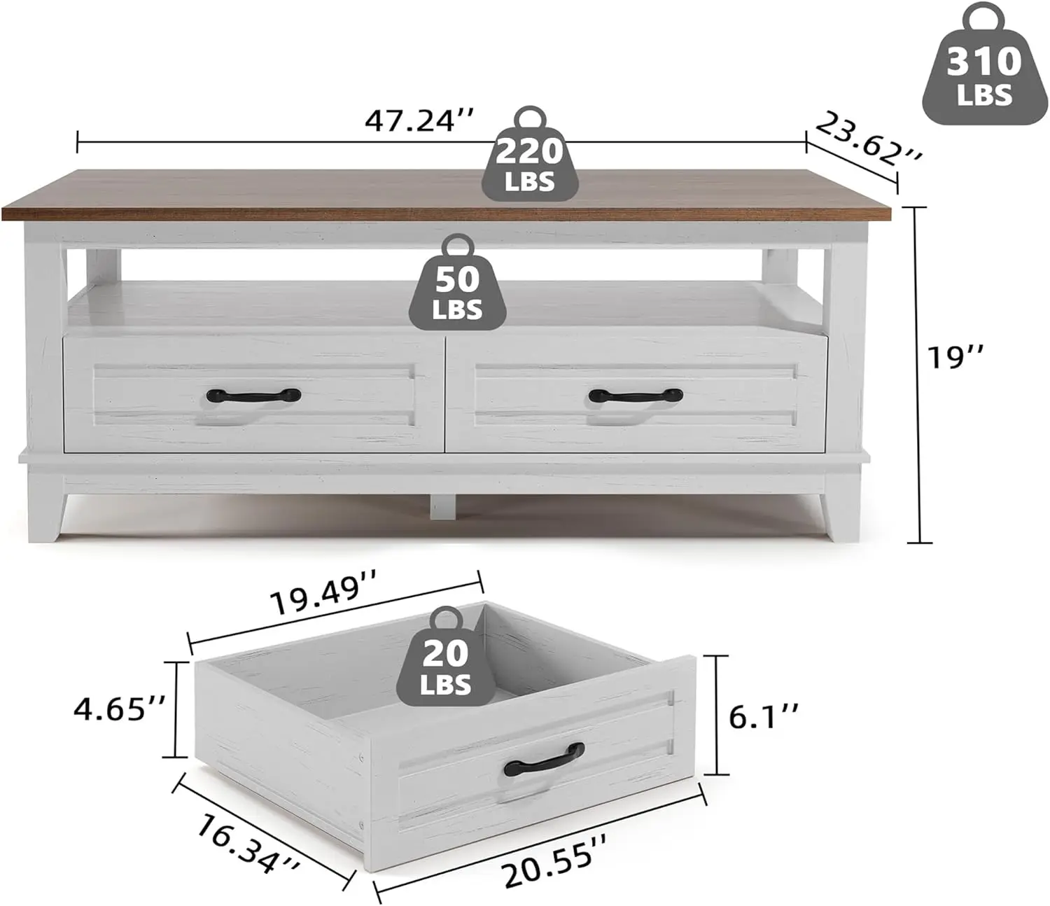 Mesa de centro rústica de granja con cajones, mesa central de 47,2 pulgadas, muebles de salón marrón blanco, estilo vintage moderno
