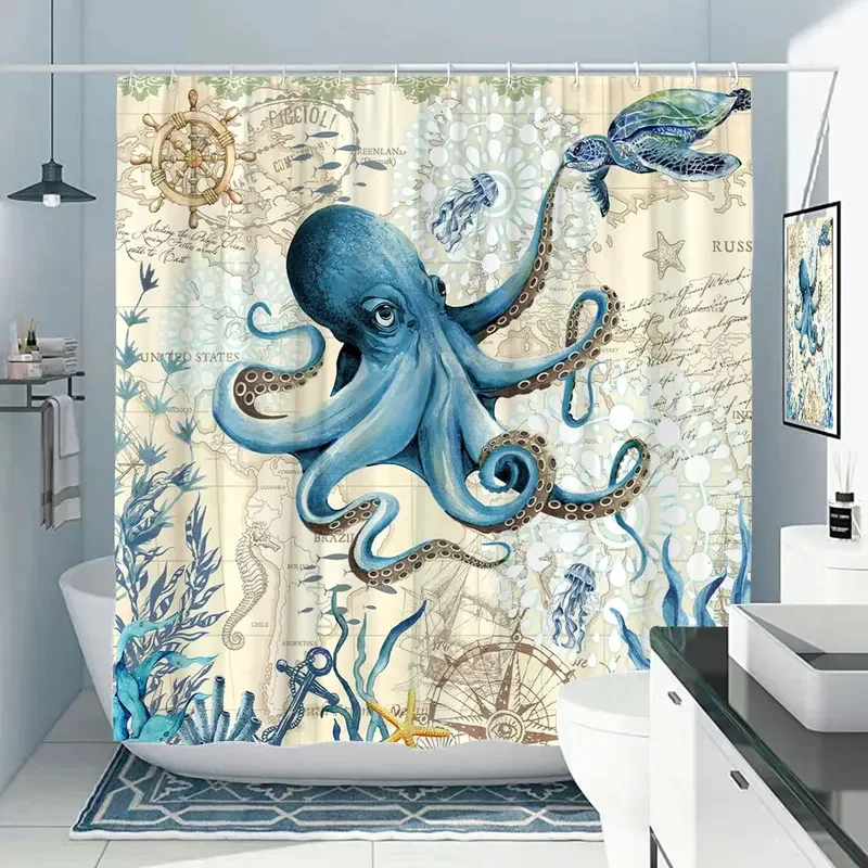 Octopus Shower Curtain Nautical Ocean Sea Turtle Beach Coastal Blue Fish Seashell Jellyfish Fabric Bath Curtains Bathroom Decor