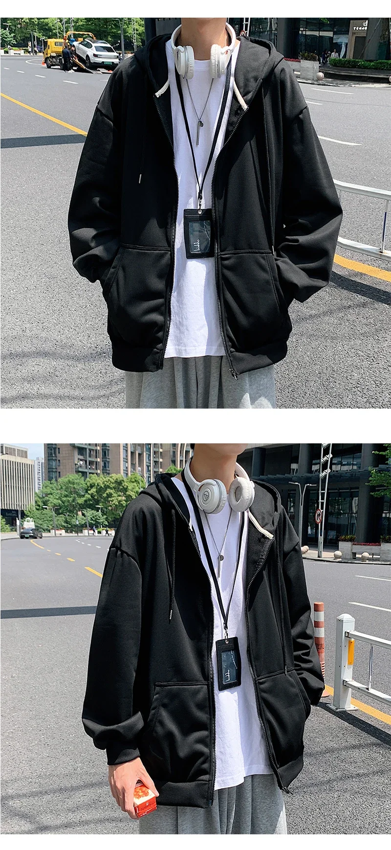 Herren trend ige Hoodie Cardigan Herbst Kapuze Sweatshirt einfarbige klassische Jacke Langarm Reiß verschluss Mantel lässige Herren bekleidung – Detail 6