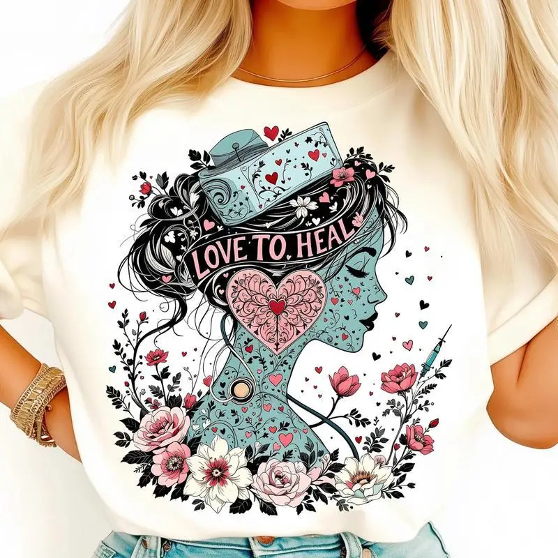 

"Love to Heal Nurse T Shirt Women Casual Graphic Tee Floral Medical Worker Appreciation Top Inspirational Gift for Her"