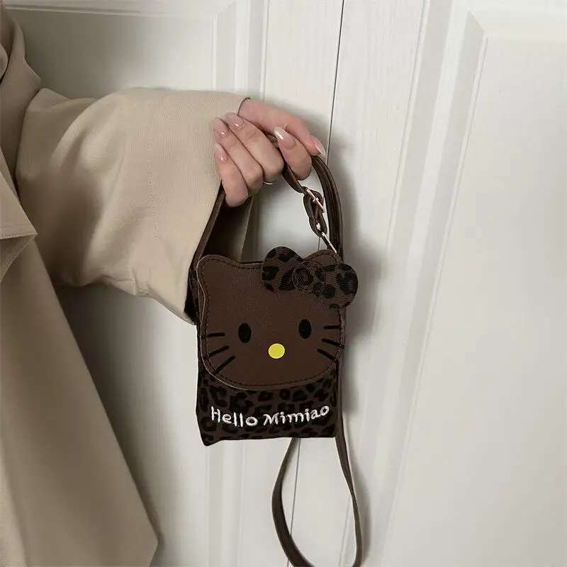 

Leopard Print Hello Kitty Canvas Leather Rectangular Mobile Phone Bag Coin Purse Girl Kawaii Diagonal Cross Mini Bag Gift