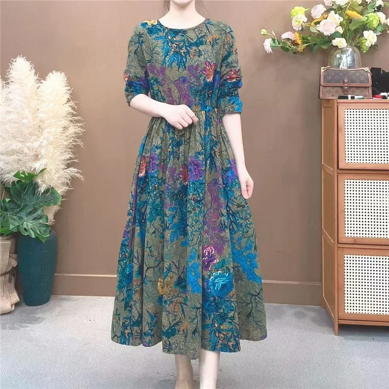 Retro Purple Peony Printed Dress Women Thicken Large Swing Womens Dresses Autumn Winter Long Sleeve Drawstring Vestidos