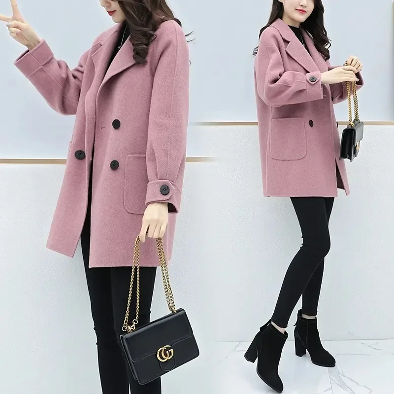 

2025 Autumn Winter Fashion Pocket Design Lapels Woolen Coat Casual Loose Double-breasted Slimming Medium-Length Women Clothing