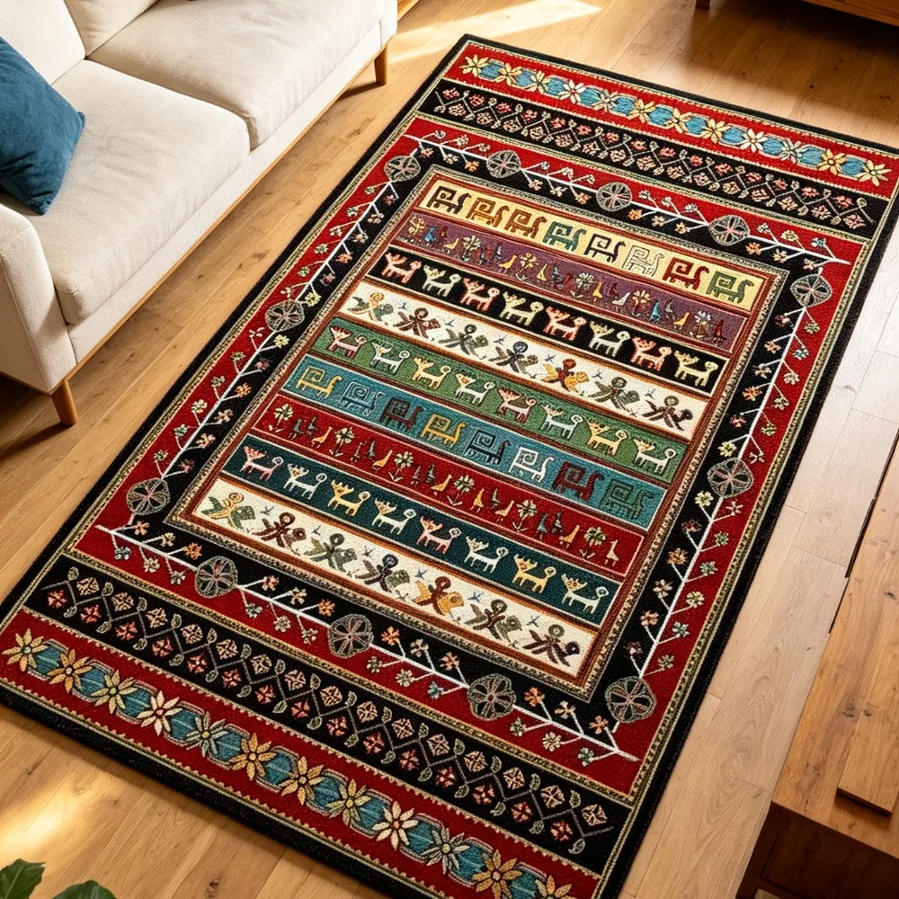 Living Room Rug Geometric Medallion Carpet Blue Red Sofa Coffee Table Floor Mat NonSlip Southwestern Vintage Area Rug