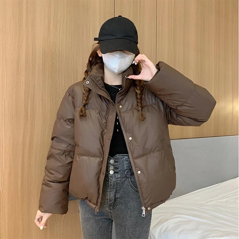 Versatile Winter Cropped Puffer Coat Lightweight Short Warm Crop Tops PU Leather Outerwear Durable and Warm Outerwear 066C