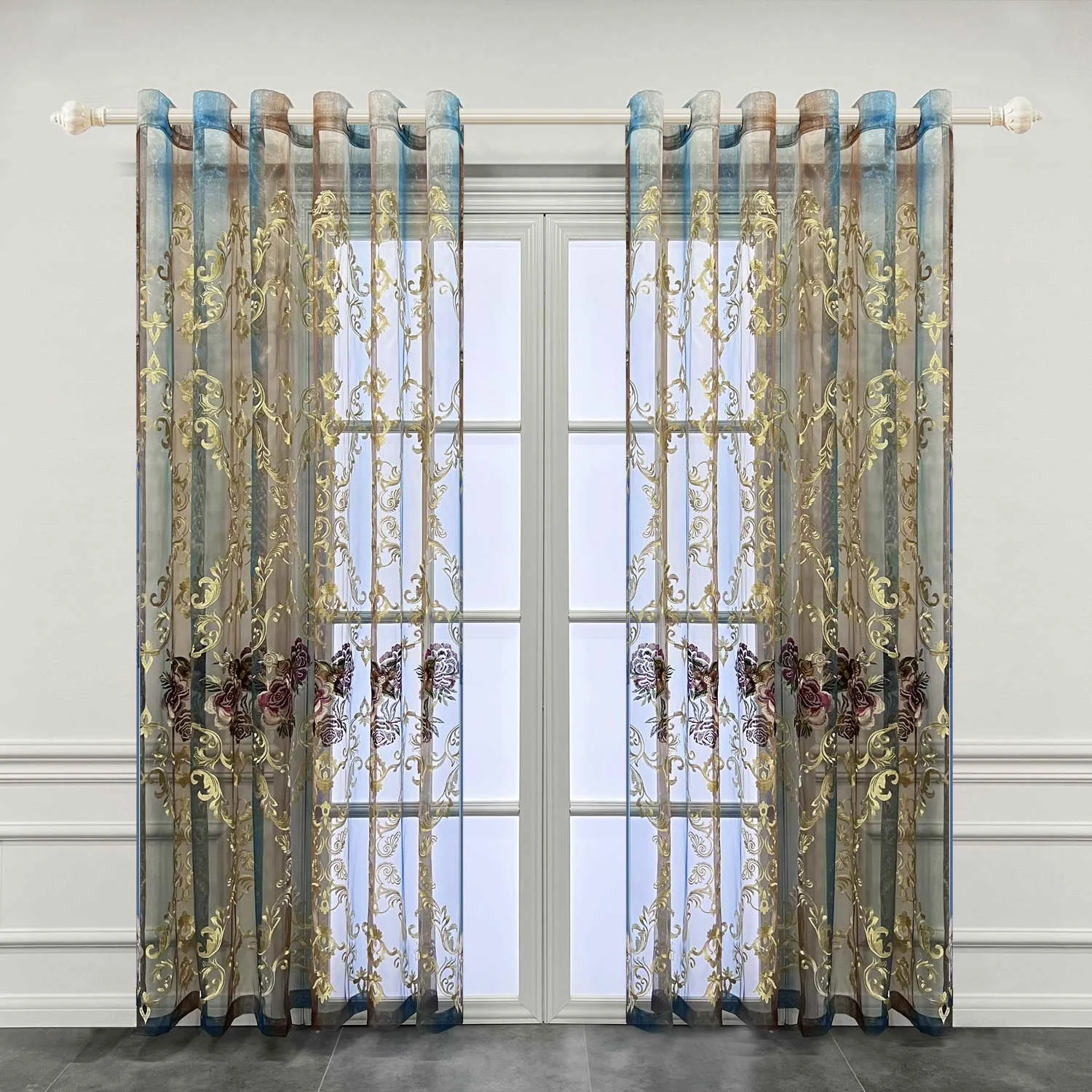 Brown and Blue Gradient Sheer Curtain Tulle Luxury Flower Embroidered Vintage Voile Window Drapes for Living Room Sliding Door - Image 2