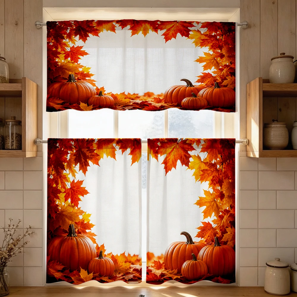 Thanksgiving Fall Kitchen Curtains, Maple Pumpkin, Digital Print, Kitchen Dining Room, Rod Pocket Polyester, Home Decor