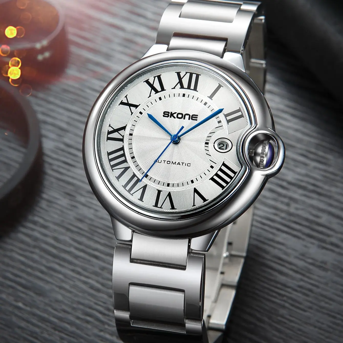 ساعة SKONE التجارية للرجال بحركة ميكانيكية أوتوماتيكية مقاومة للماء وبسيطة للأعمال الترفيهية الفاخرة من سلسلة Blue Balloon
