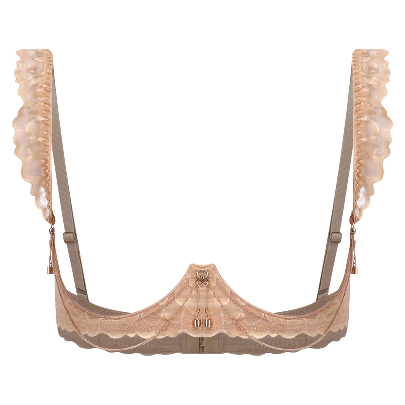 

Womens Ruffled Trim Floral Lace Bra Underwear Hollow Out Bra Push-up Underwire Cupless with Chain Half Cup Balconette Tops