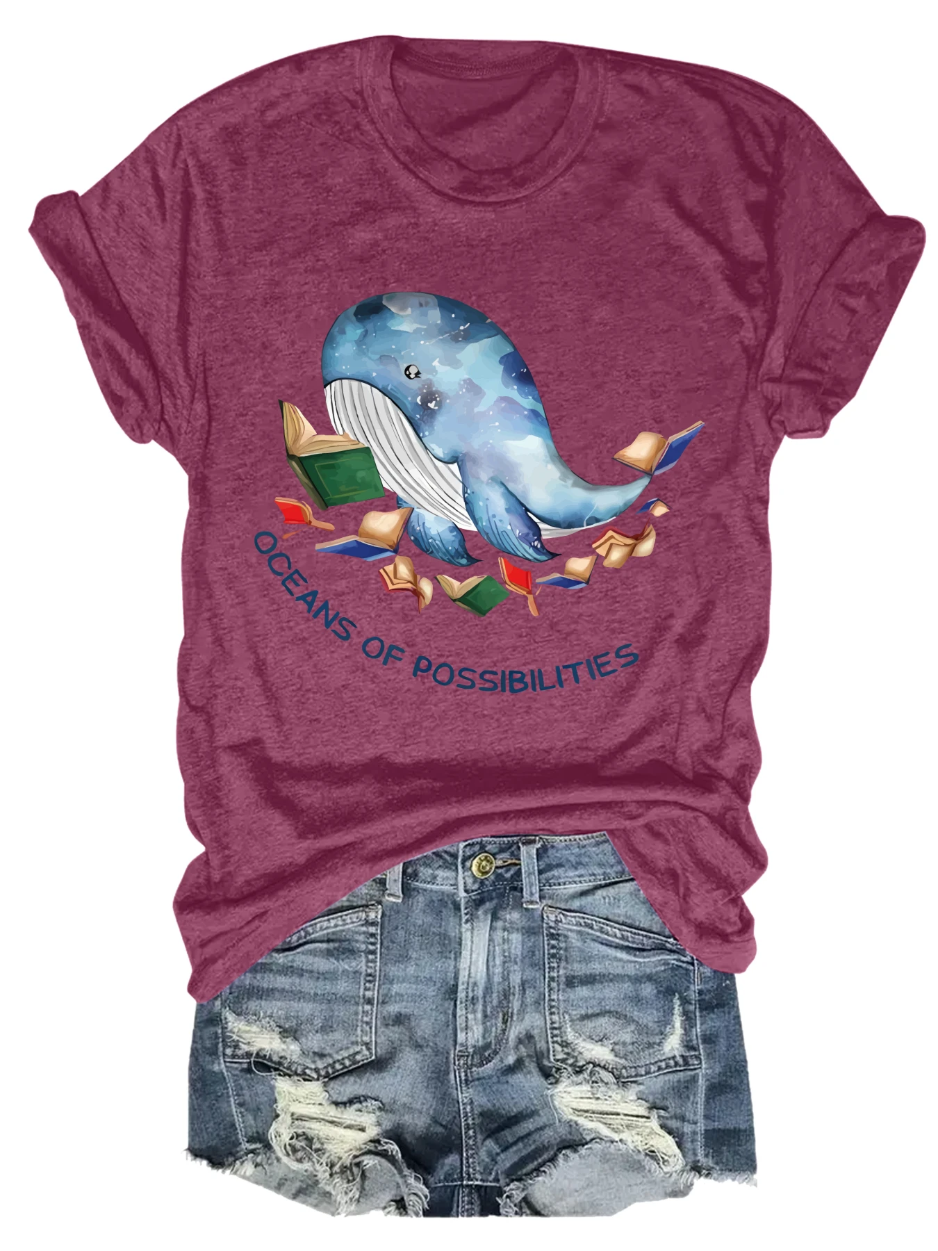 

Plus size women's short sleeve T-shirt Whale Reading Books Floating Spring and Summer Must-Have summer outfit women's clothing