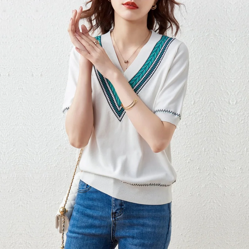 女性用Vネック半袖Tシャツ,上質でカジュアルな夏服,数色,韓 - Summer Clothing Colors のレビューと価格