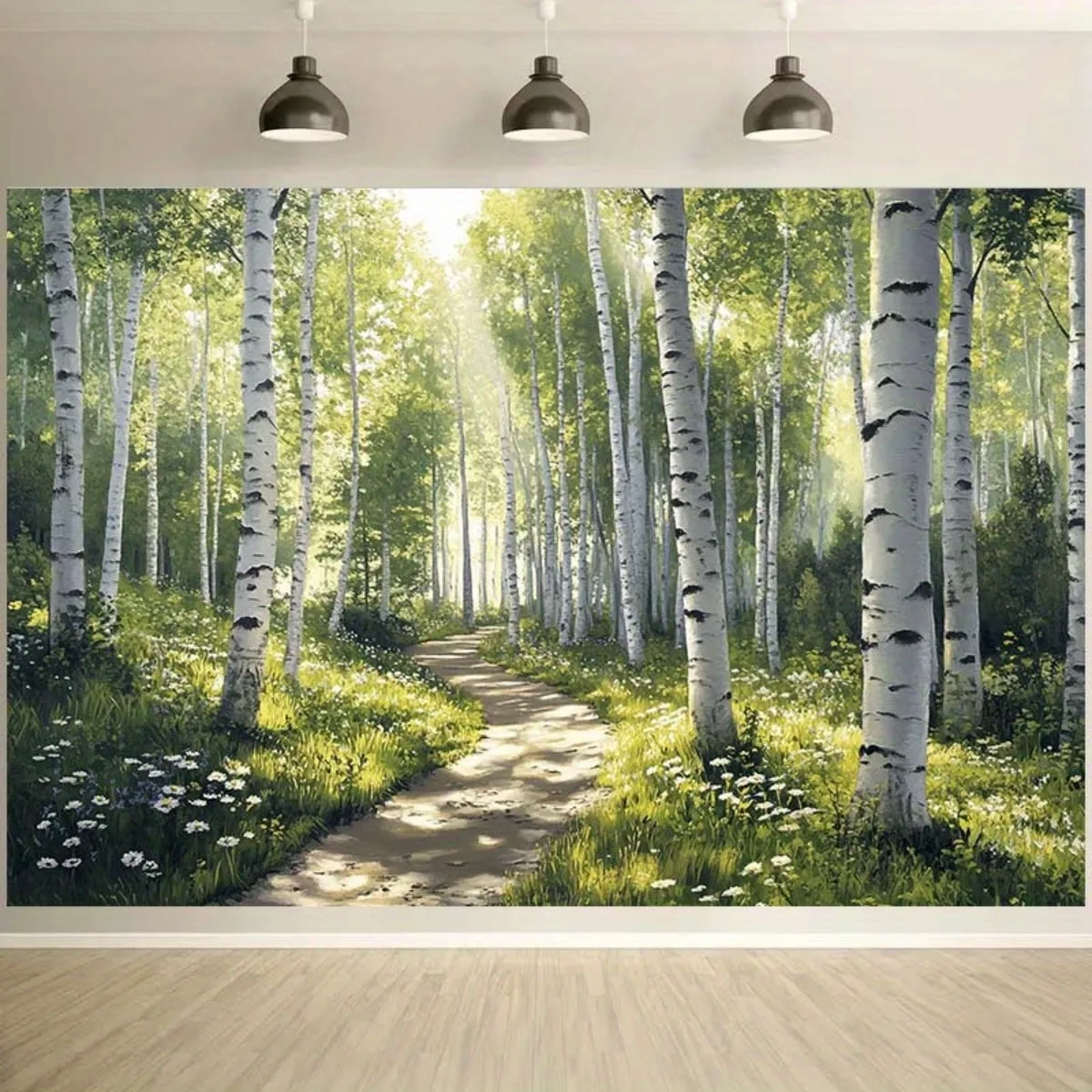 Tapisserie murale en polyester avec motif de forêt de bouleaux, sentier ensoleillé, feuillage vert, décoration naturelle pour salon et chambre à coucher