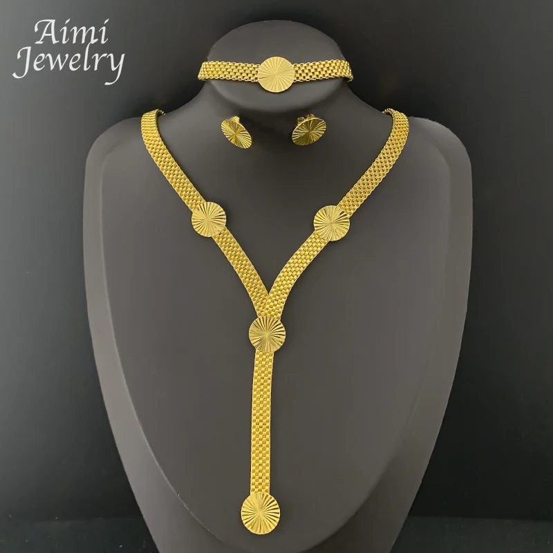 

Dubai Jewelry Set for Women Chunky Long Chain Necklace Earrings Bracelet Gold Plated Fashion Jewellery for Party Wedding Gifts