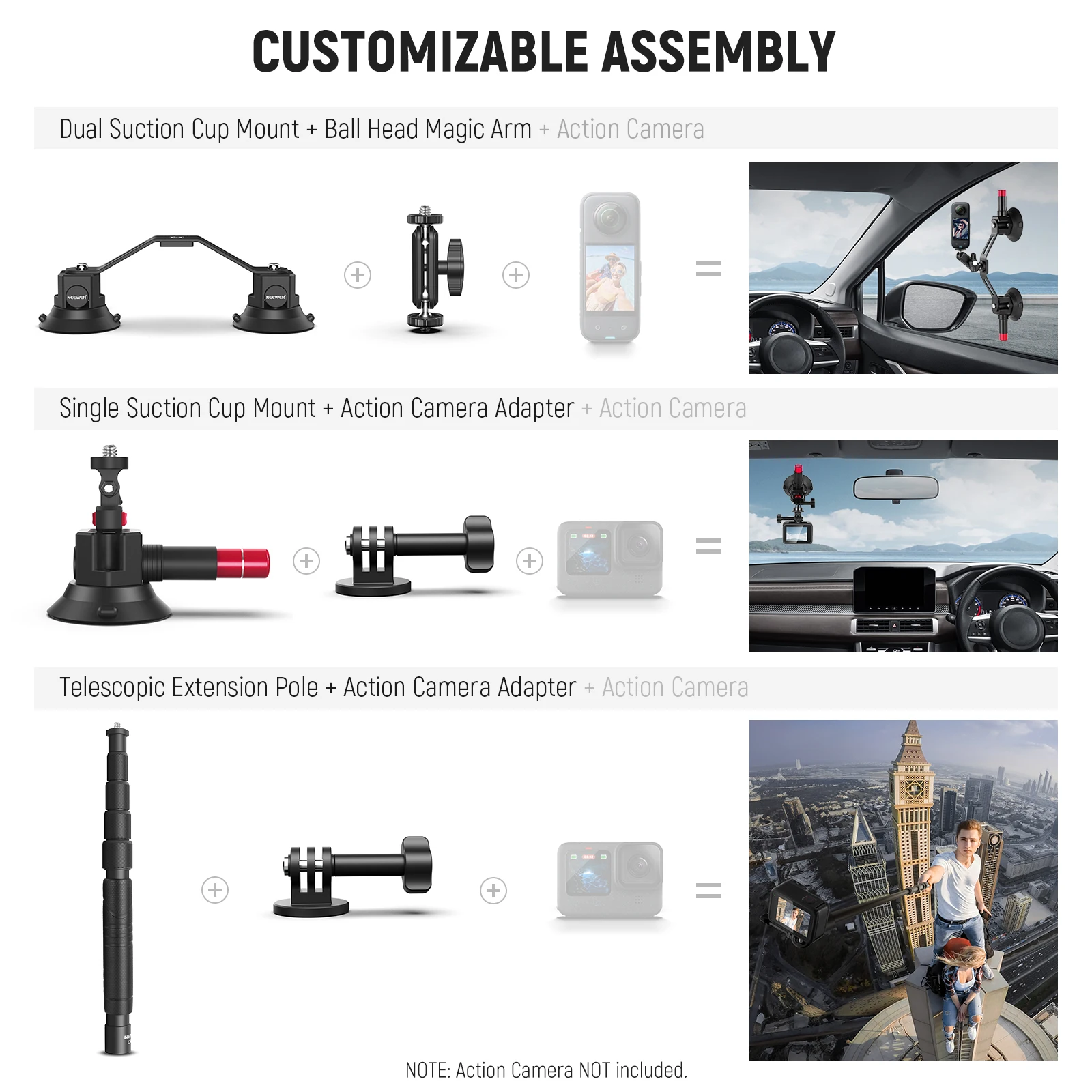 Neewer Triple Suction Cup Car Mount Kit with Quick Release Action Camera Adapter External Windshield Magic Arm for Camera