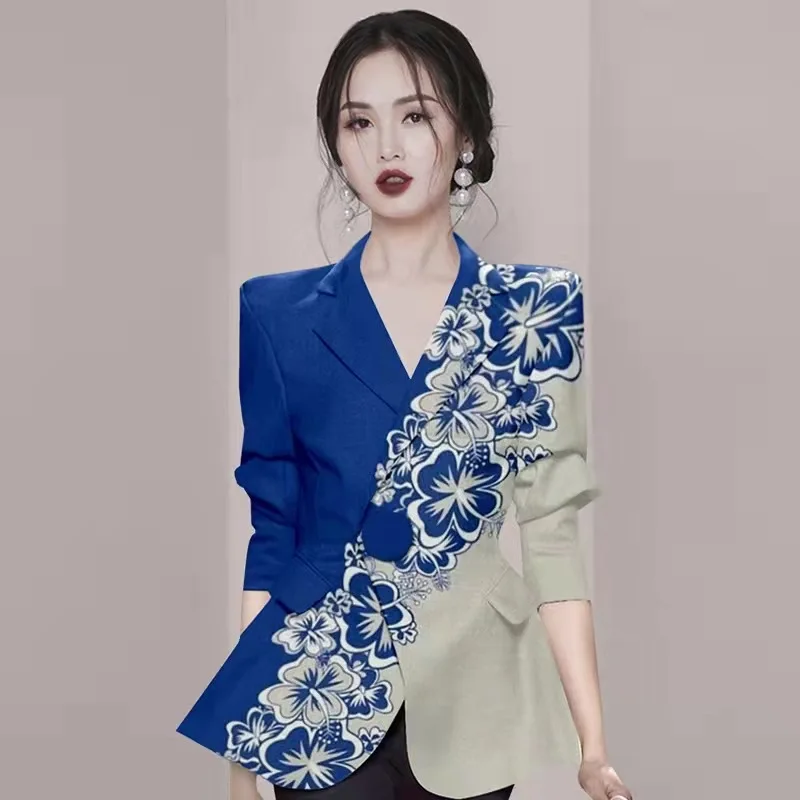 

2022 New Spring Fashion Flowers Printed Blazer For Women's Professional Suit Jacket Office Ladies OL Slim s67