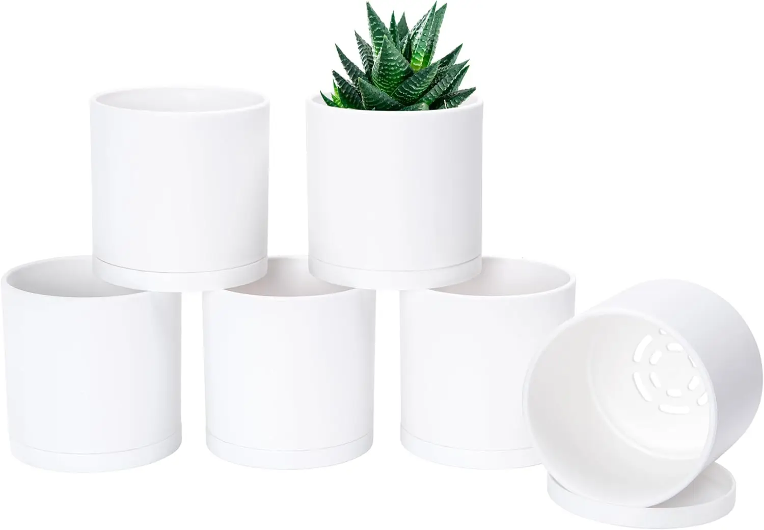

6 Pack 4 Inch Modern Plastic Plant Pots, Small Garden Planters for Plant with Drainage Holes and Saucers, White Color, 7