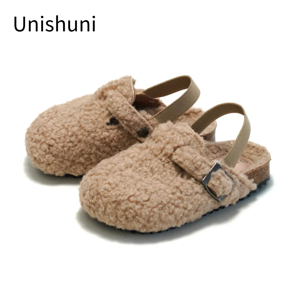 Unishuni Children Leopard Cork Sandal Kid Autumn Winter Mules for Girls Boys Toddler Plush Indoor Home Slipper with Elastic Band