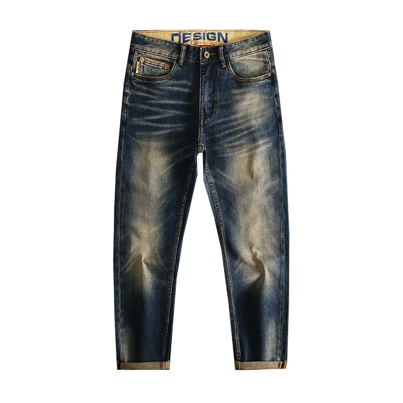 High end retro light luxury jeans for men's casual, versatile, washed, elastic, slim fit, small straight leg, classic and trendy