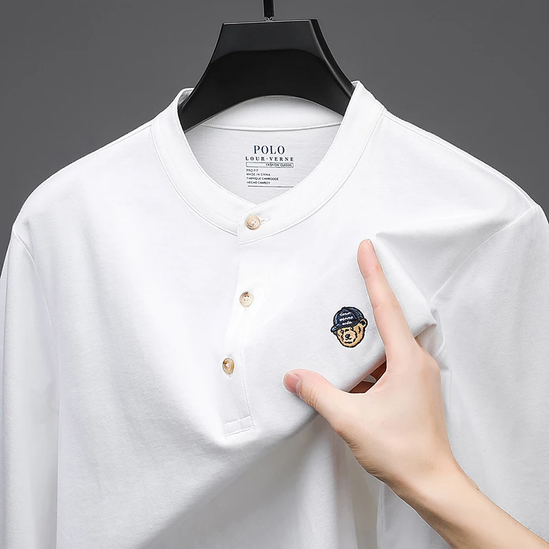 

Luxury Designer Man 100%cotton Long Sleeves T-Shirt Button Korean-Style Embroidery Tops Autumn Hot Fashion Casual Men's Clothing