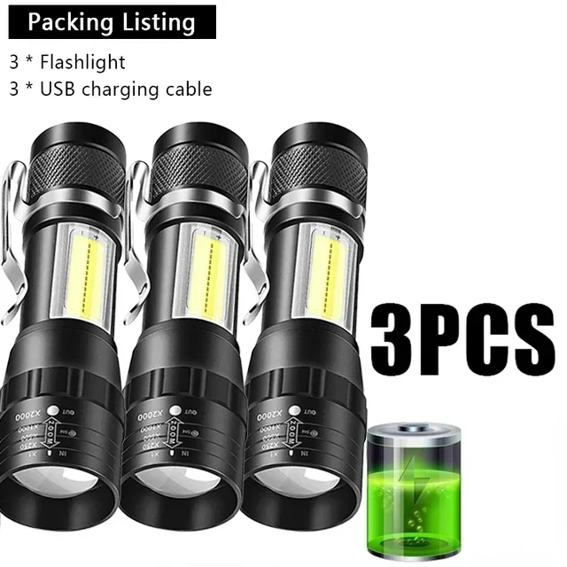 USB Oplaadbare Mini Zaklamp COB + XPE Draagbare Ingebouwde Batterij Zoombare Kleine Zaklamp 3-Modus Camping Noodzaklampen