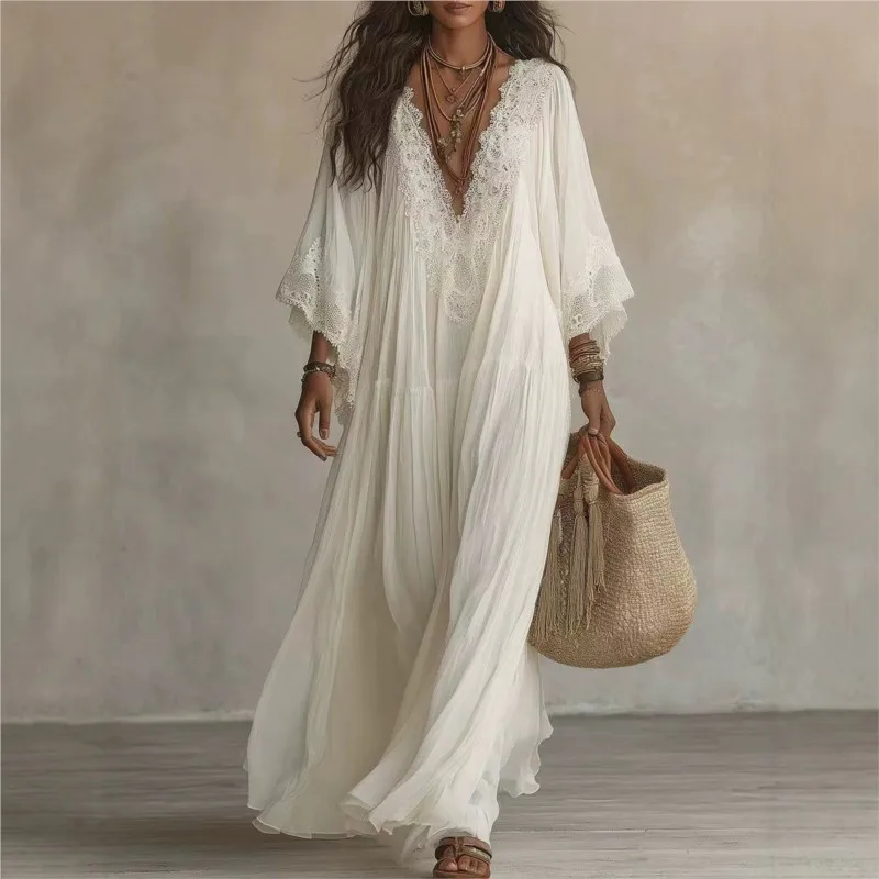 Vintage Solid Lace Maxi Dresses New Women Boho Deep V Neck Wide Flared Sleeve Folds Loose Tiered Elegant Holiday Travel Dresses