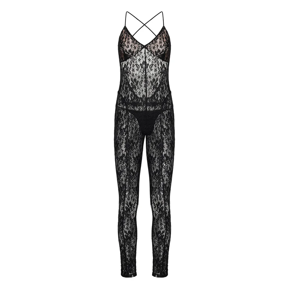 Women Sleeveless Romper Lingerie Summer Sexy Lace See-through Sleepwear Underwear Balck Jumpsuit Clothing