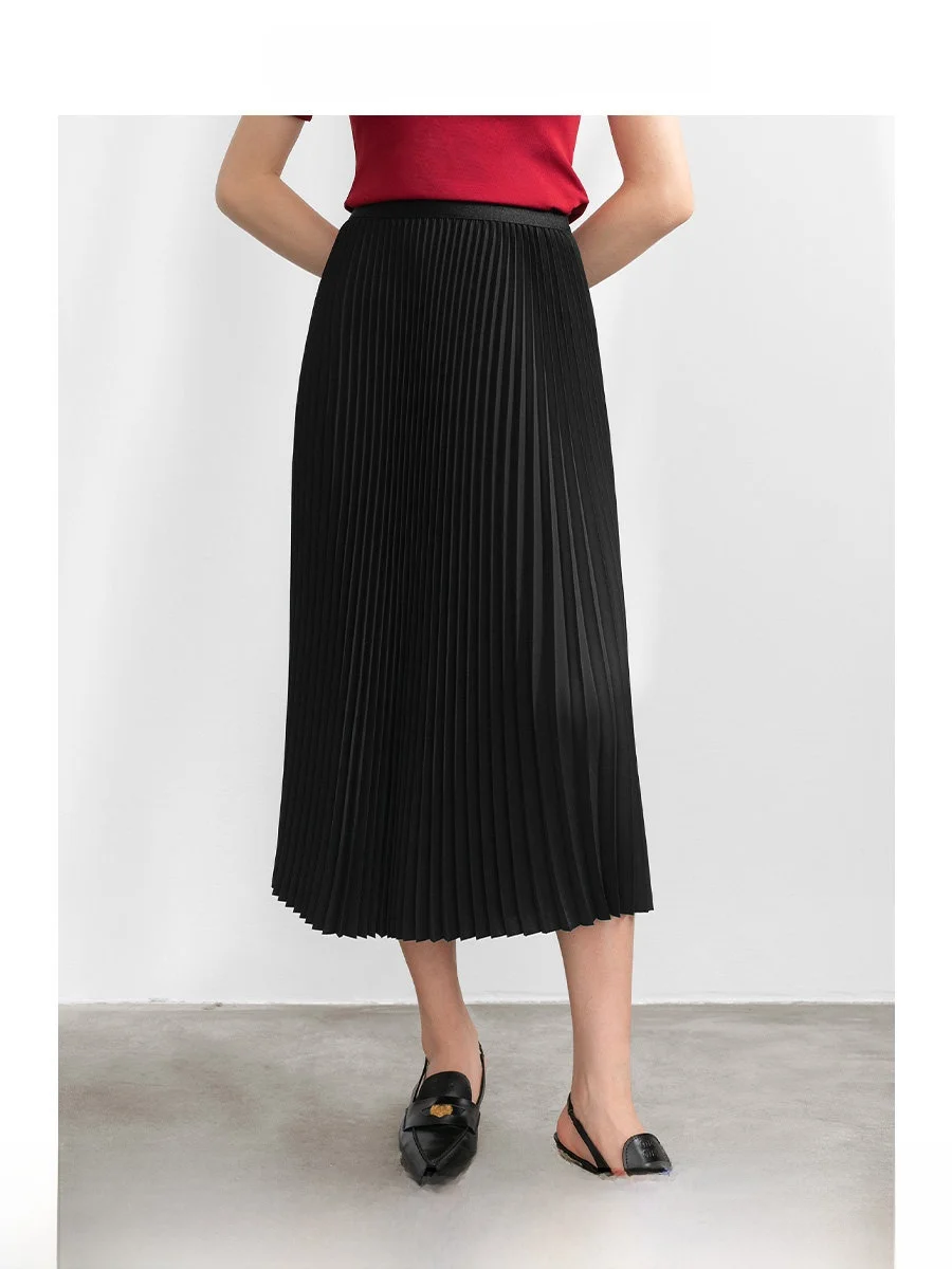 

ROCO Black Polyester Asymmetrical Long Skirt Women's Slimming Pleated High Waist Non-Ironed Retro Style Commute Skirt