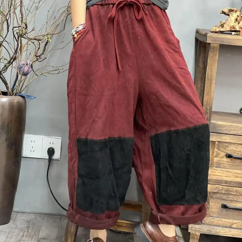 2026 Spring Autumn Arts Style Women Elastic Waist Loose Casual Ankle-length Pants Patchwork Design Cotton Harem Pants H0991