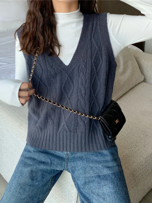 Camisola de malha colete feminino ort Svel V-Ne pulôver topo outono inverno nova chegada fibra de poliéster solto ajuste sle
