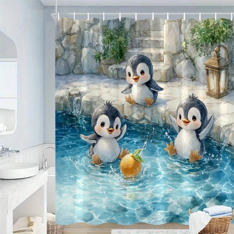 

three cute penguins playing in blue water shower curtain with orange fruit stone steps design for ocean theme bathroom decor