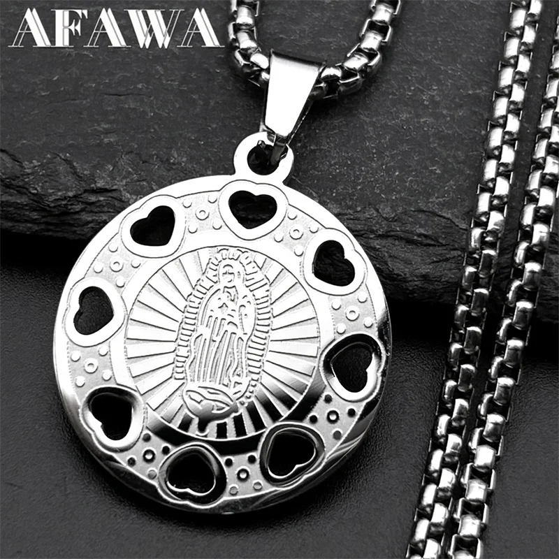 

Virgin Mary Heart Shape Pendant Necklace Women Men Stainless Steel Silver Color Our Lady of Guadalupe Catholic Amulet Jewelry