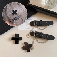Gothic Punk Women's Black PU Leather Side Clip Hair Clip, Personality Chain Cross Design Hairpin, Trendy Gothic Hair Accessories