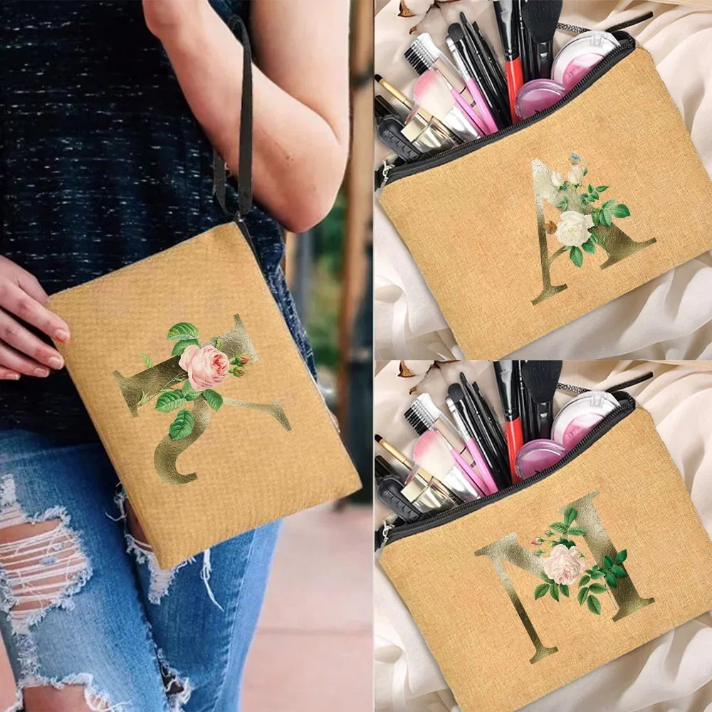 Women's Makeup Bag Portable Cosmetic Pouch Travel Essentials Storage Bags Handbag Organizer Golden Flower Printing Series