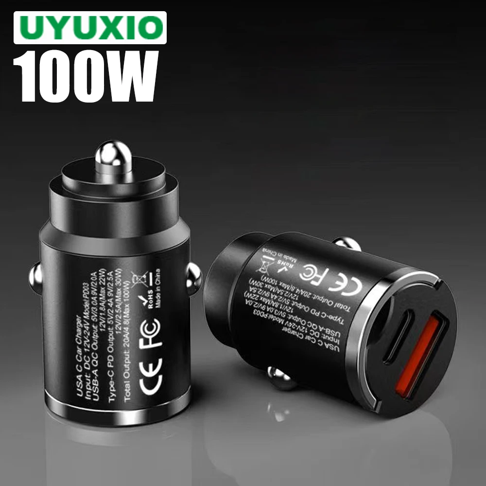 UYUXIO 100W Mini Car Charger Dual Ports Pull Ring Super Fast Charge Type C PD Car Adapter for iPhone Xiaomi Huawei Samsung QC3.0