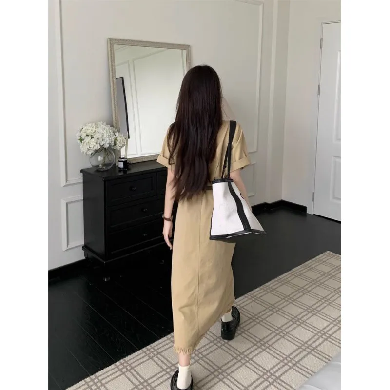 Neues Design Japan Stil Frauen Chic Korea Basic Wear Casual Robe feste Taschen Vintage lange Knopf Hemd Kleid Gürtel Vestidos